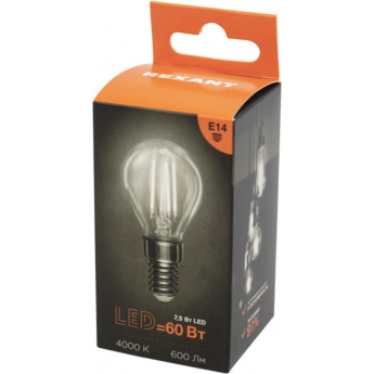 Лампа филаментная REXANT Шарик GL45 7,5Вт 600Лм 4000K E14 диммируемая, прозрачная колба Лампа филаментная REXANT Шарик GL45 7,5Вт 600Лм 4000K E14 диммируемая, прозрачная колба