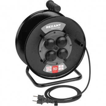 Удлинитель силовой REXANT КГ на катушке 4 гнезда, с/з, 30м, 3х1,5мм², IP44 с выключателем, c защитными крышками, металлическая катушка